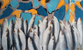 Cardumen de peces con fondo abstracto