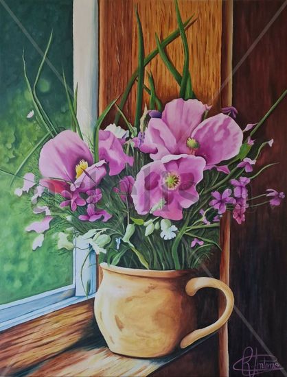 Jarrón Oil Panel Floral Painting