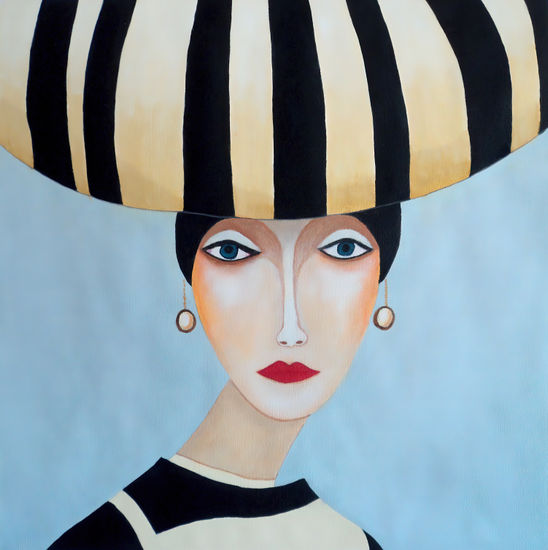 Mujer con sombrero a rayas y pendientes dorados Oil Paper Portrait