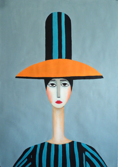 Mujer con sombrero geométrico y vestido a rayas Oil Paper Figure Painting