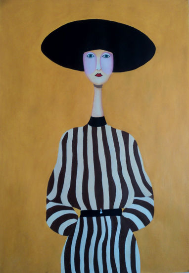 Mujer con sombrero negro y vestido a rayas Oil Paper Portrait