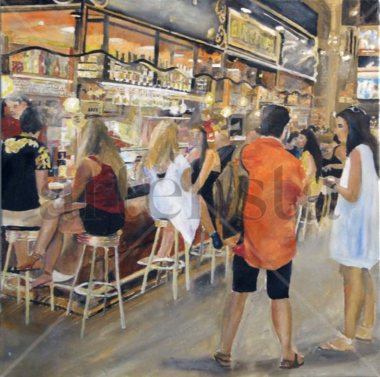 Market Cafe, Barcelona. Oil Canvas Figure Painting