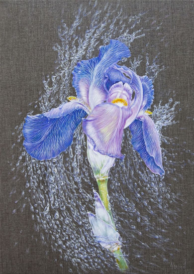 Anastasia Woron:"Iris en Perlas de Lluvia"-Óleo Original Firmado (46x33cm.) 2024 Óleo Lienzo Floral