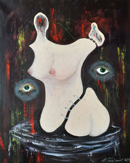 Still-life with anatomical structure and curious green eyes Acrílico Lienzo Desnudos