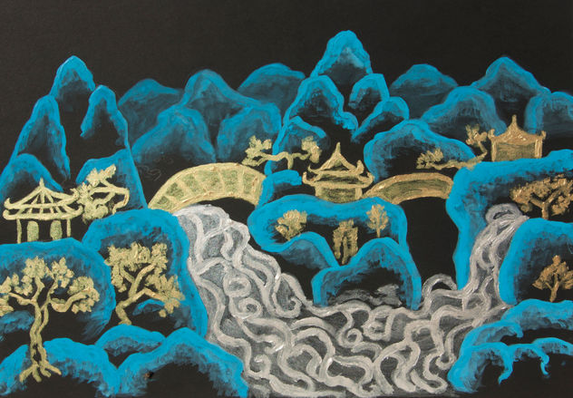 Chinese landscape in black, blue, silver and gold