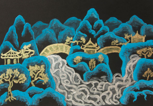 Chinese landscape in black, blue, silver and gold Acrílico Cartulina Paisaje