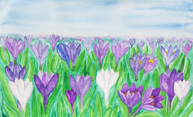 Crocuses in grass Watercolour Paper Floral Painting