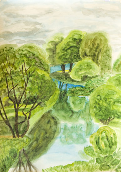 Trees with reflection in water summer Watercolour Paper Landscaping