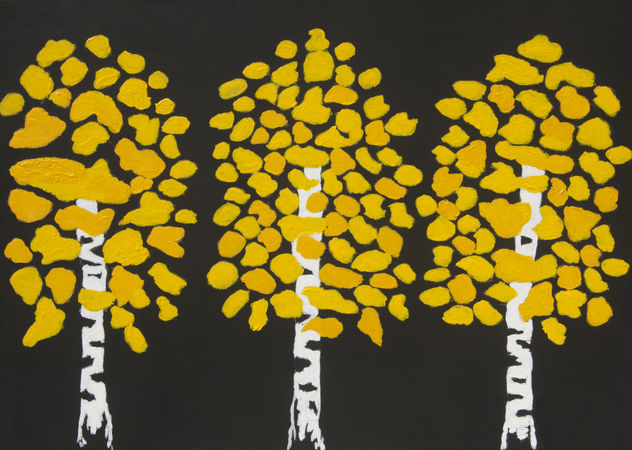 Three yellow birches on black