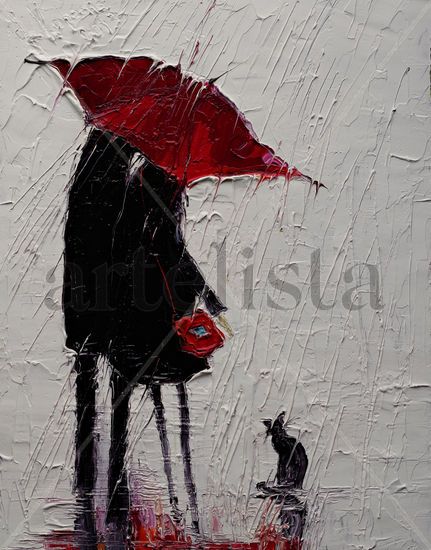 Red umbrella and cat Oil Canvas Animals