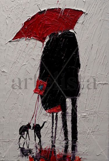 Red umbrella and cats Oil Canvas Animals