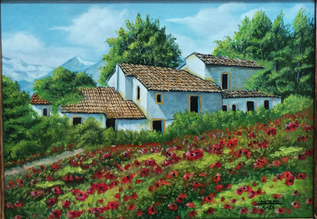 Paisaje con casas Óleo Tabla Paisaje