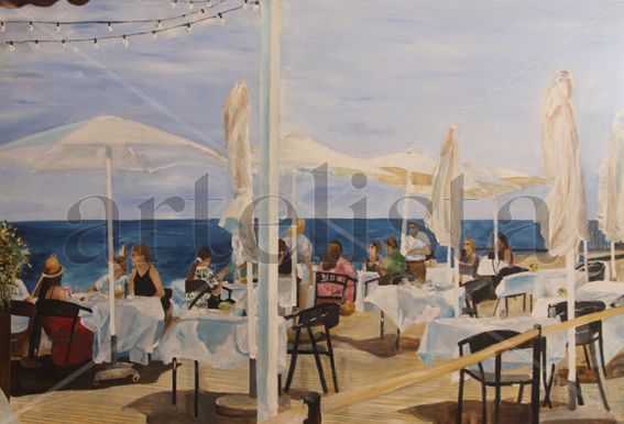 Valencia Beach Restaurant Oil Canvas Figure Painting