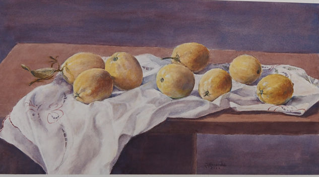 Limones en mesa larga Watercolour Paper Still Life Paintings