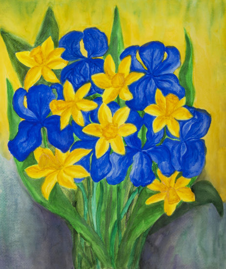 Bouquet of blue irises and yellow daffodiles Watercolour Paper Floral Painting