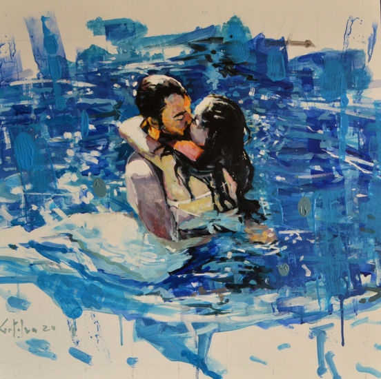 Abrazo en azul Oil Panel Marine Painting