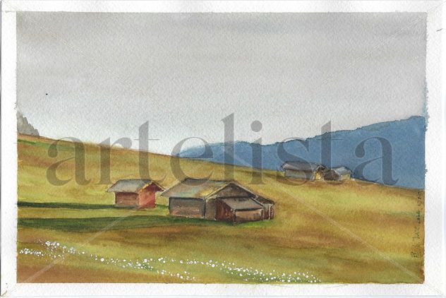 Acuarela de paisaje rural rústico: campos tranquilos, casas de campo, paisajes de montaña, arte rural sereno