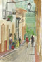 Acuarela de una encantadora calle mediterránea: pintoresco paseo por un pueblo, callejón vibrante, farolas, follaje exuberante, arte escénico tranquilo