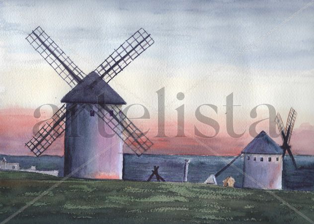 Atardecer en los molinos de viento de Campo de Criptana Pintura original en acuarela, arte de pared, decoración de habitación