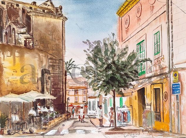 Serenidad iluminada por el sol: una pintoresca escena callejera mediterránea con cafés y peatones paseando Watercolour Paper Landscaping