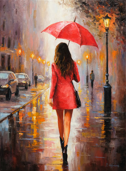 Walking in Rainy Street Oil Canvas Figure Painting