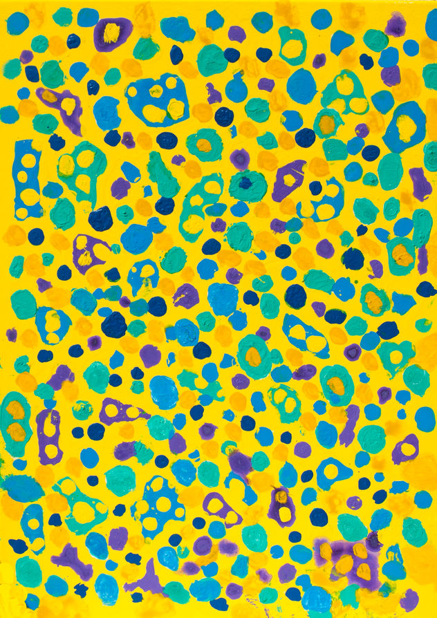 Abstract painting blue, purple and turquoise on yellow
