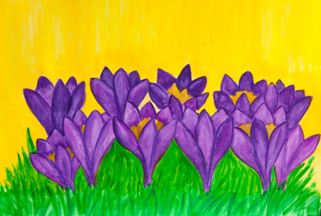 Violet crocuses on yellow background Watercolour Paper Floral Painting