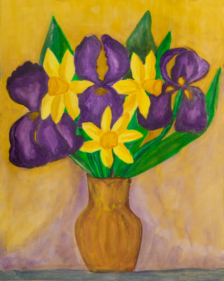 Violet irises and yellow daffodiles in vase Watercolour Paper Floral Painting