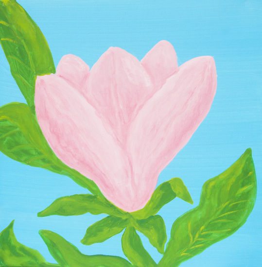 Pink magnolia on blue Acrylic Canvas Floral Painting