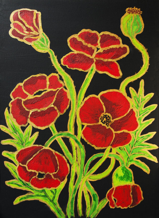 Red poppies with gold on black