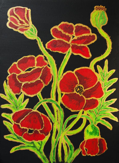 Red poppies with gold on black Acrílico Lienzo Floral