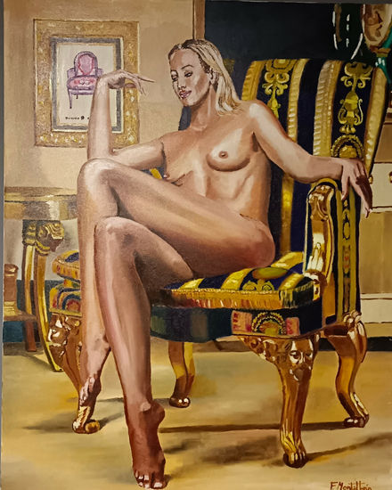 Desnudo en sillón dorado Óleo Lienzo Desnudos