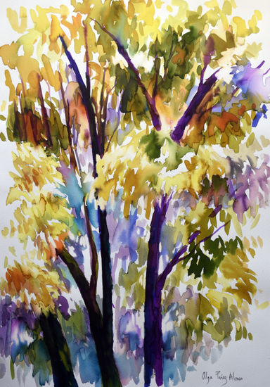 Arbol en otoño Acuarela Papel Paisaje