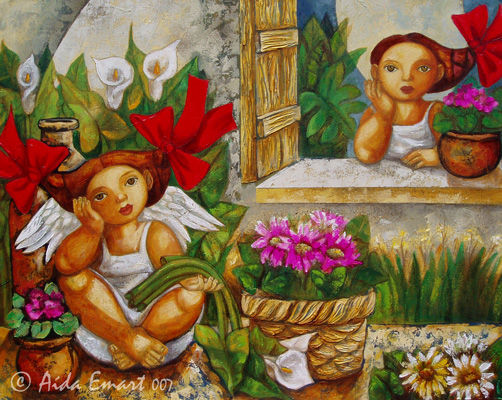 El angel de las flores Oil Canvas Floral Painting