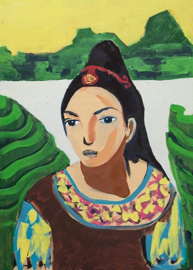Princesa Inca con andenes de fondo