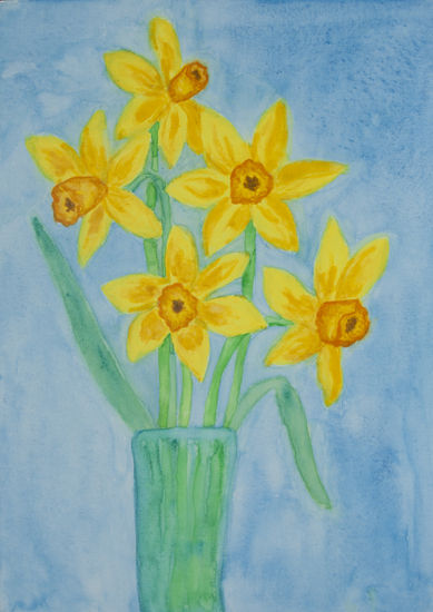 Daffodile in vase on blue Acuarela Papel Floral