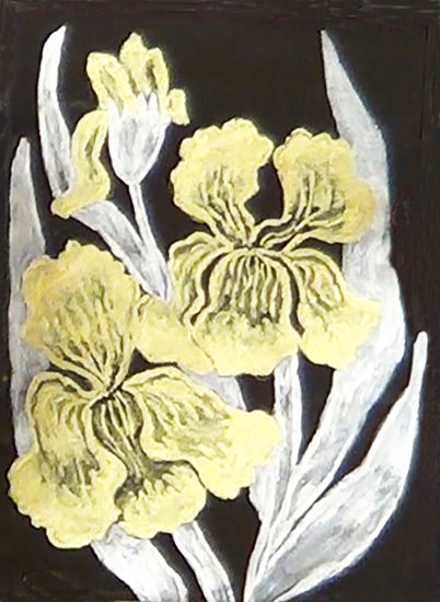 Golden irises with silver leaves Gouache Paper Floral Painting