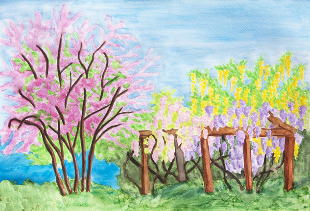 Cercis and wistaria Acuarela Papel Paisaje