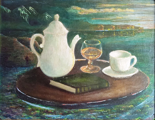 A relaxing cup of coffee in the Cantabrian Sea. Mixed media Panel Landscaping