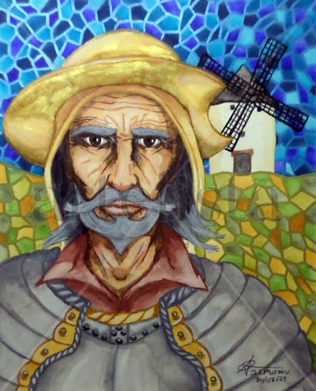 El guerrero de La Mancha Watercolour Paper Portrait