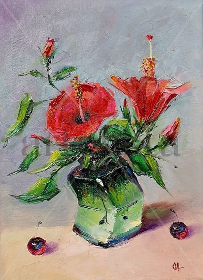 "Crazy vase with Hibiscus #021" Óleo Lienzo Floral