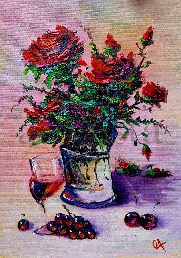 Crazy vase of roses and glass of wine #027