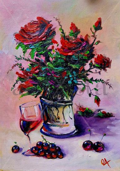 Crazy vase of roses and glass of wine #027 Oil Canvas Floral Painting