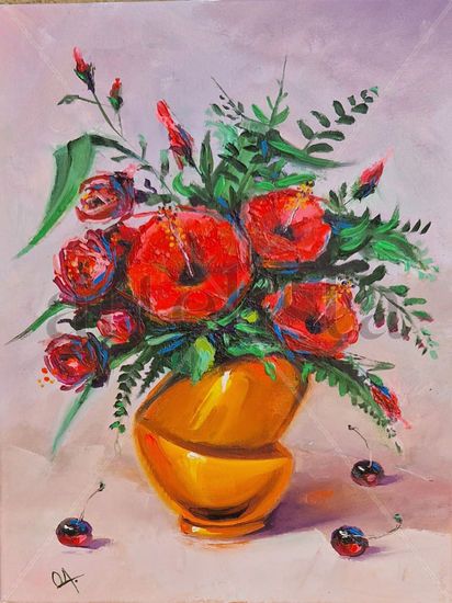 Crazy bronze vase with Hibiscus #026 Oil Canvas Floral Painting