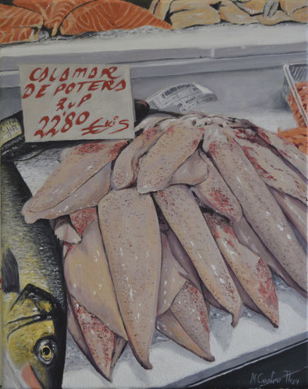 BODEGON DE CALAMARES EN EL MERCADO Óleo Lienzo Bodegones