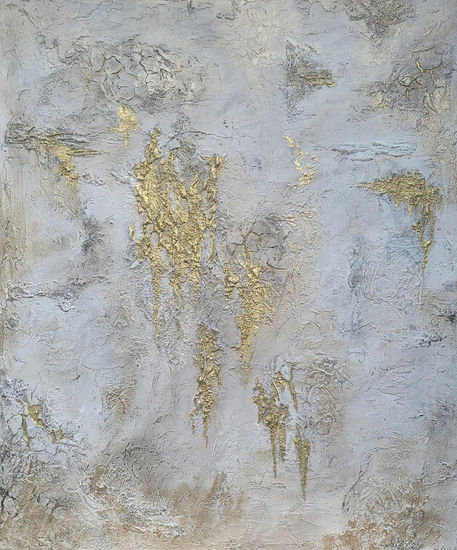 Pintura Abstracta Dorada, Arte de Pared Gris y Blanco con Textura, Media Mixta Lienzo Otros