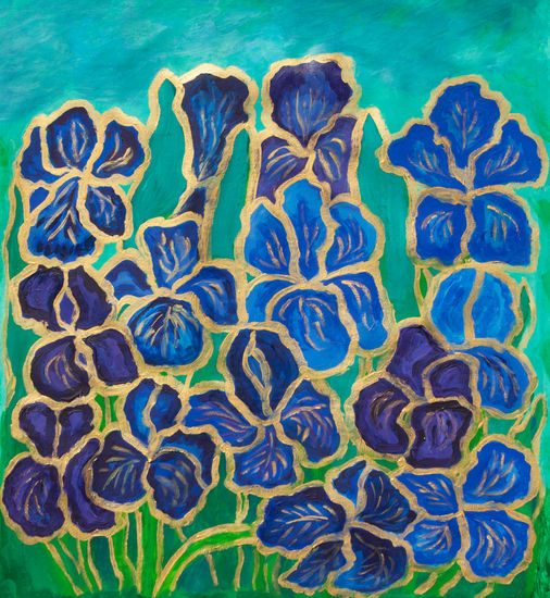 Blue irises with gold Acrylic Canvas Floral Painting