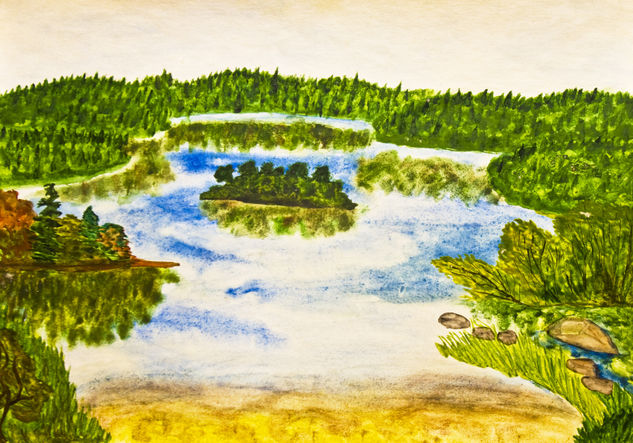 Lake with island Watercolour Paper Landscaping