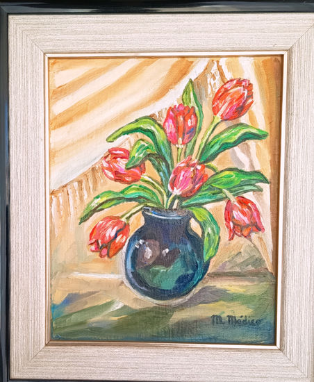 Jarrón  Con Flores,Tulipanes Óleo Tabla Bodegones