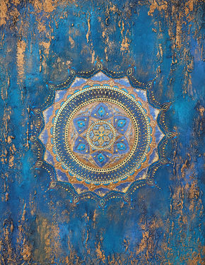 Mandala Pintura Azul Oro, Arte de Pared con Textura,